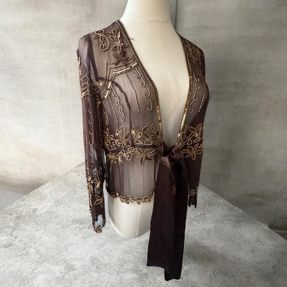 Vintage Marina Silk Sequin Embellished Shrug - Stunning Brown Sheer Jacket! - Picture 4 of 7